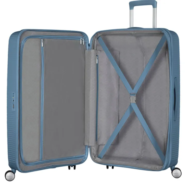 Reistrolleys|Reiskoffers>American Tourister Soundbox Spinner 77 Expandable stone blue