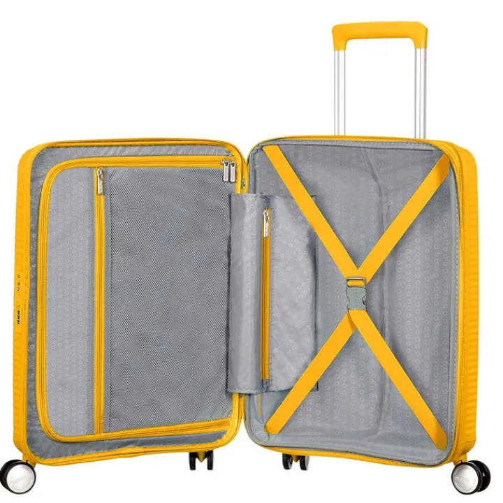 Transavia Trolleys|Ryanair Trolleys>American Tourister Soundbox Spinner 55 Expandable golden yellow